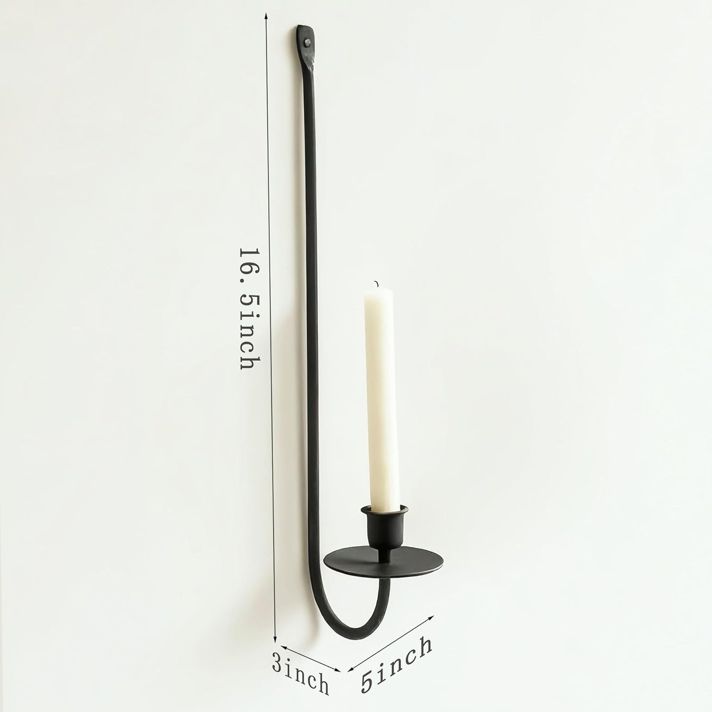 Black wall-mounted candle holder with dimensions indicated on a white background
