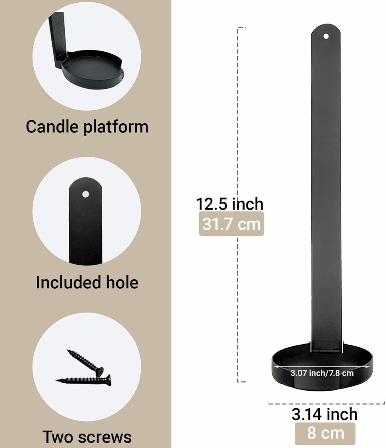 Black candle holder with measurements and features on a beige background