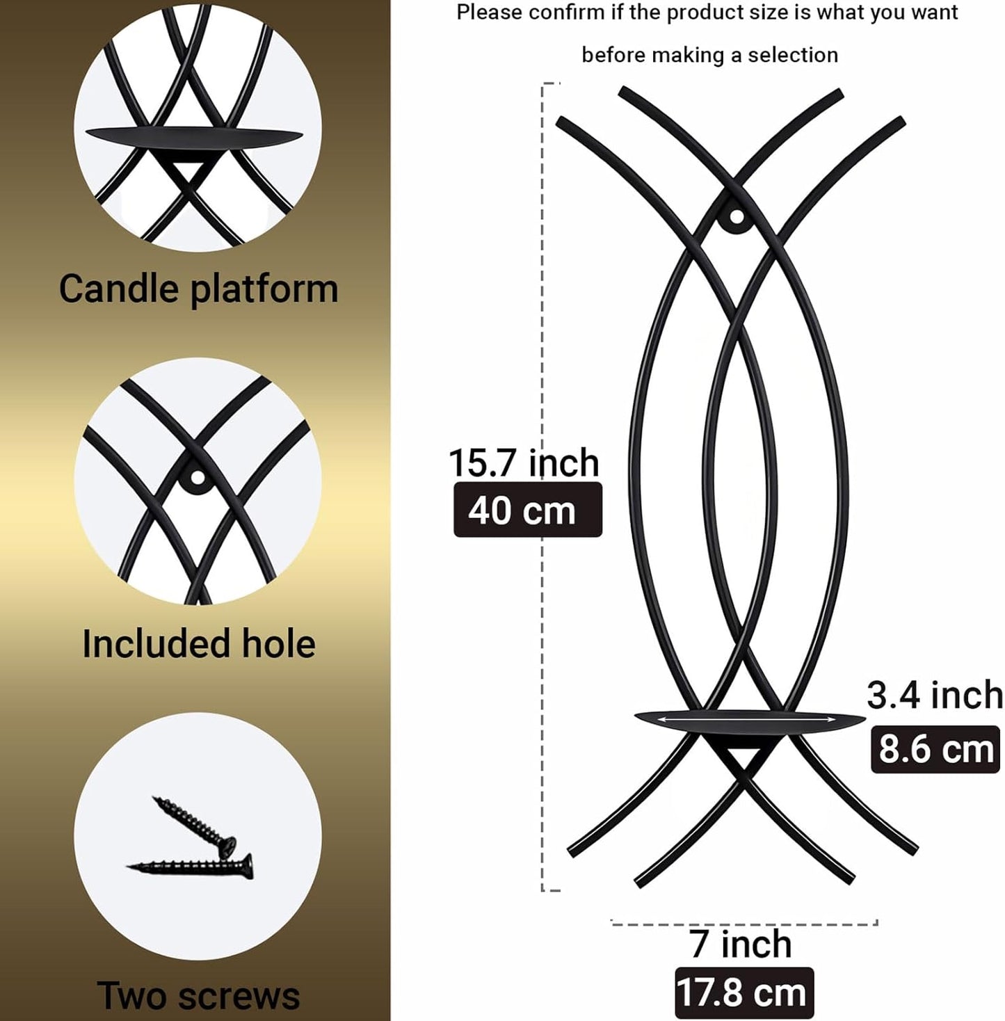 Black metal candle holder with dimensions and features on a gold background