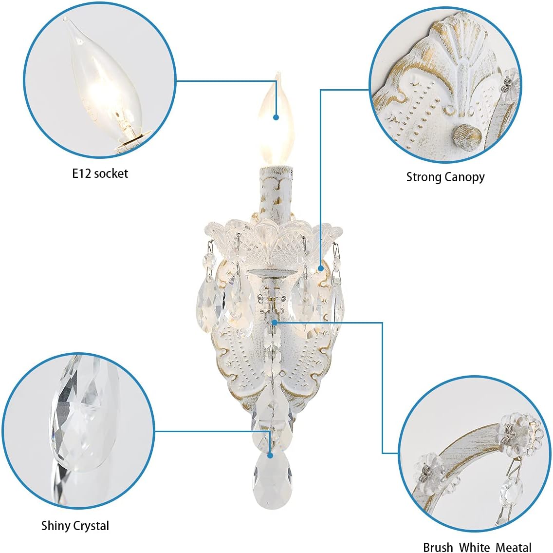 Chandelier with close-up details on E12 socket, strong canopy, shiny crystal, and brush white metal.
