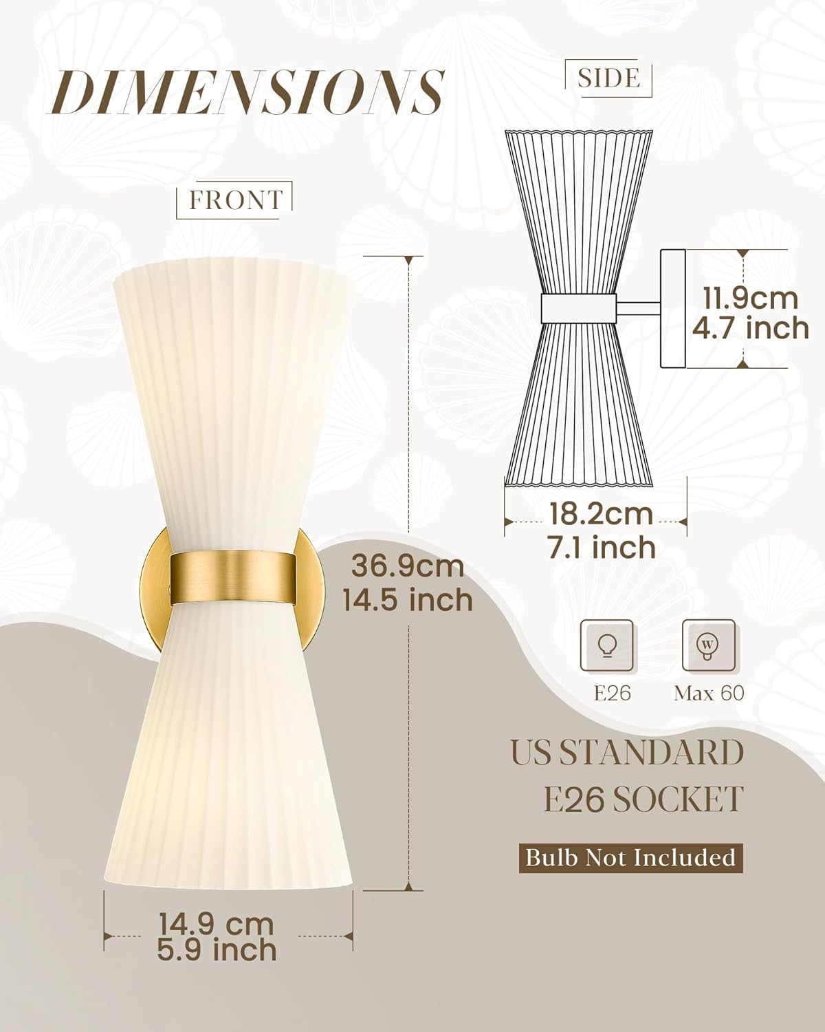 Curtain tieback with dimensions displayed on a light background