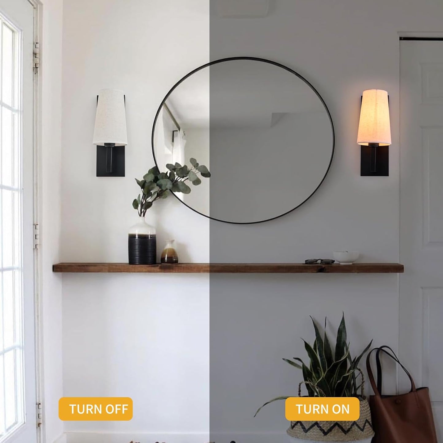 Modern interior design with a round mirror, wall lights, and a wooden shelf.