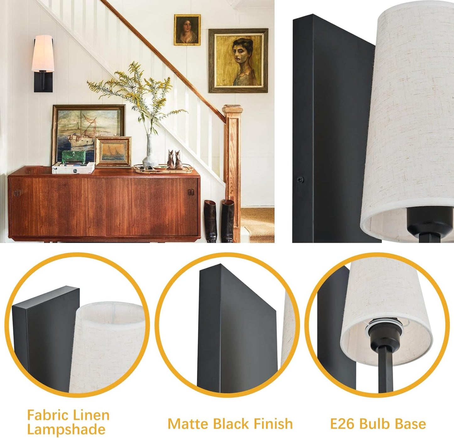 Farmhouse Linen Fabric Shade Black Wall Sconce