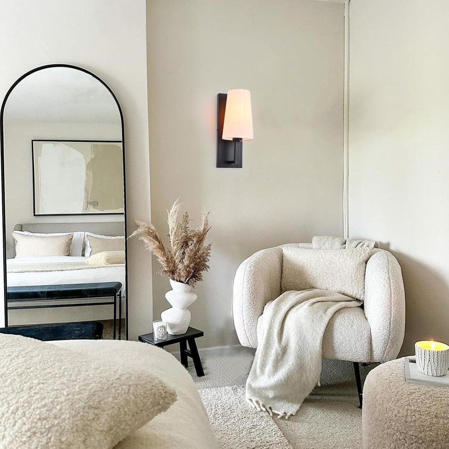 Farmhouse Linen Fabric Shade Black Wall Sconce