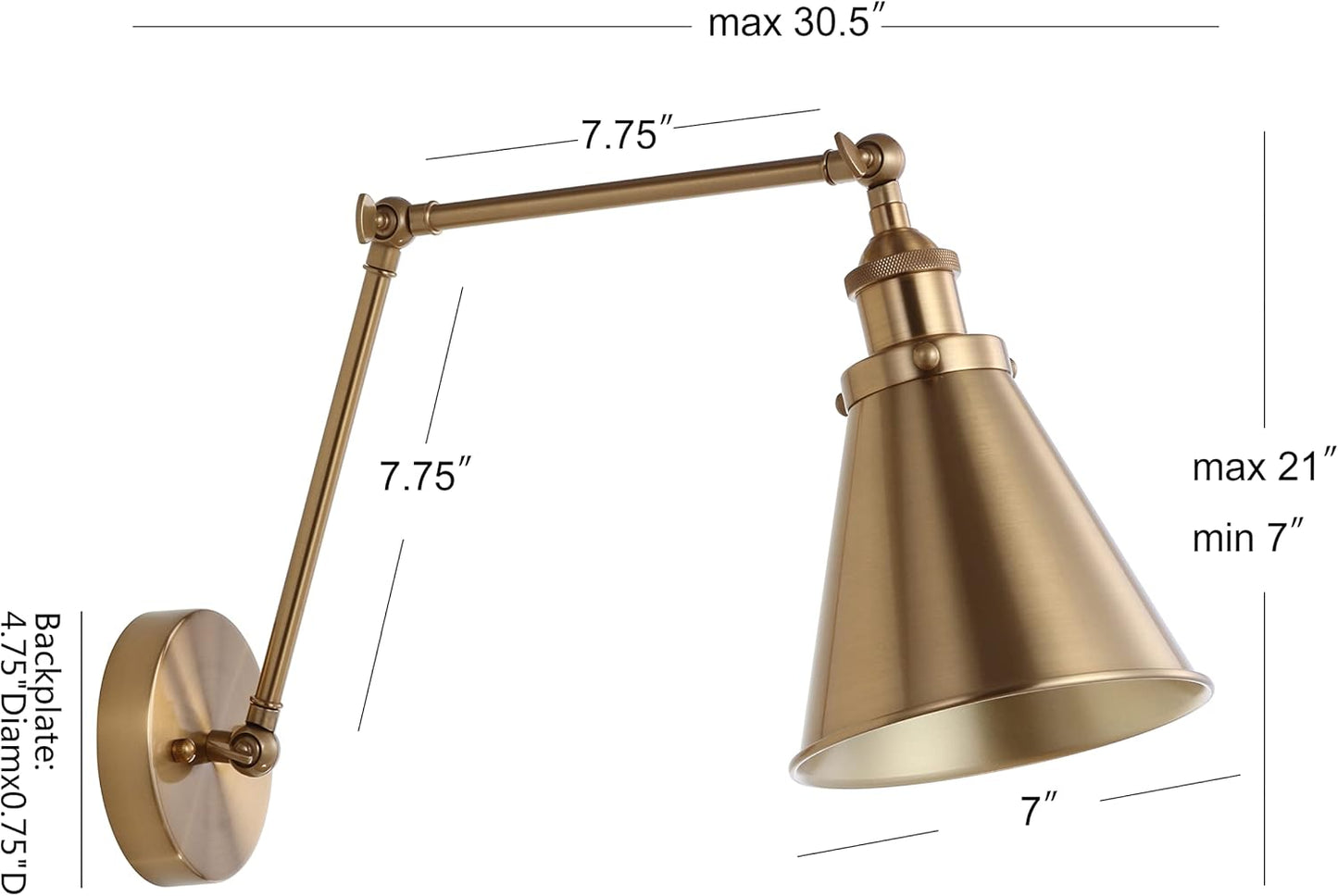 Gold wall lamp with adjustable arm and measurements on a white background