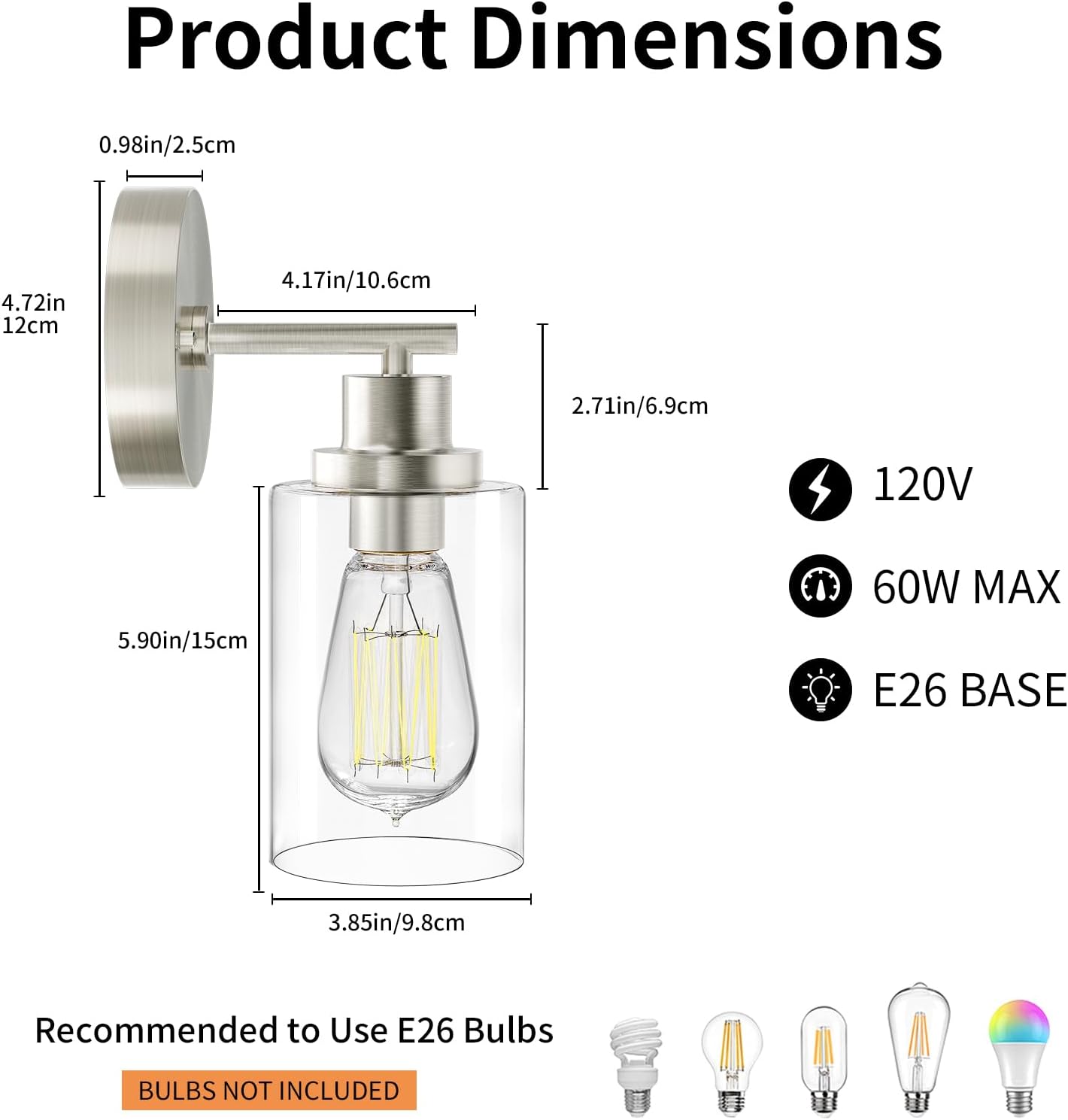 Wall light fixture with dimensions and bulb compatibility information on a white background