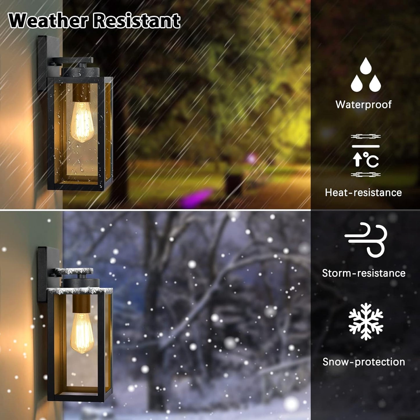 Outdoor wall light fixture with weather resistance features shown in rain and snow.