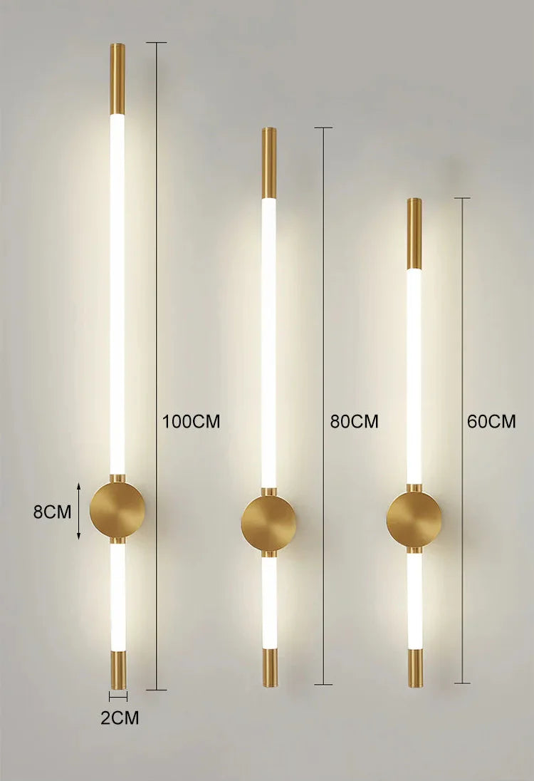 Three wall-mounted lights with measurements on a gray background