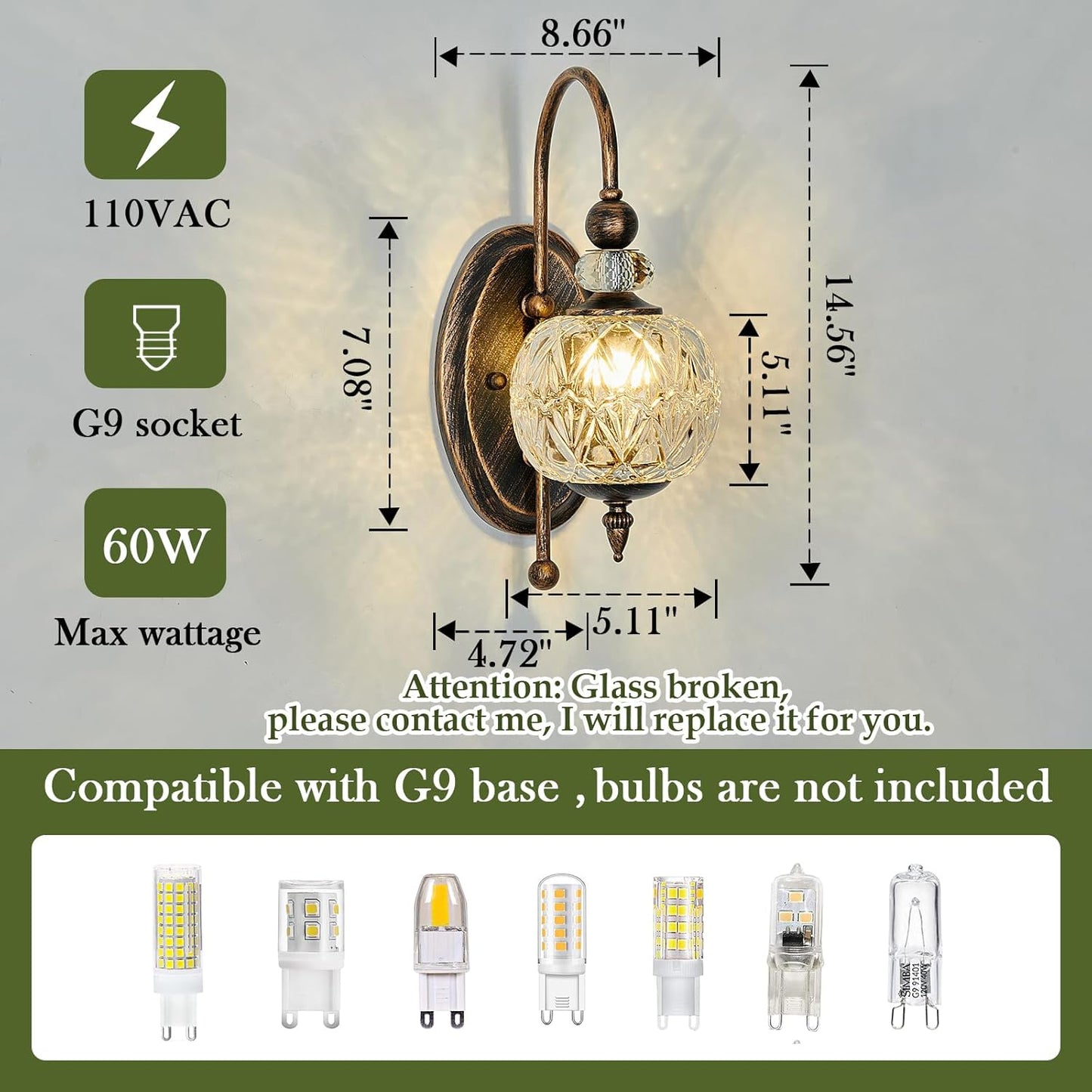 Wall-mounted light fixture with dimensions and compatibility information on a gray background