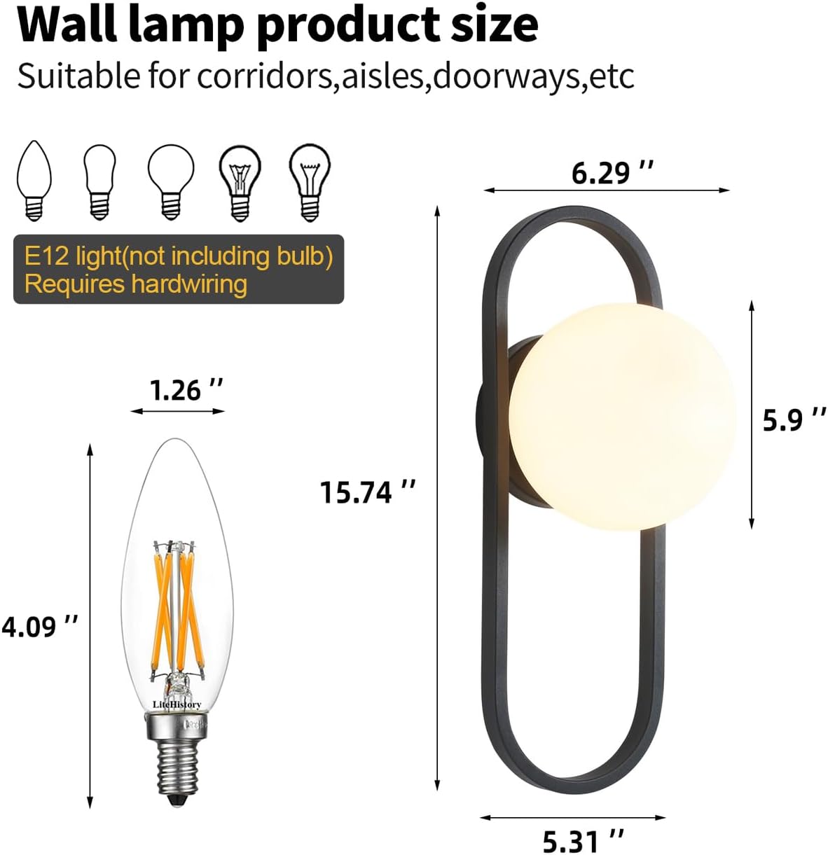 Wall lamp product size chart with dimensions and bulb compatibility information.