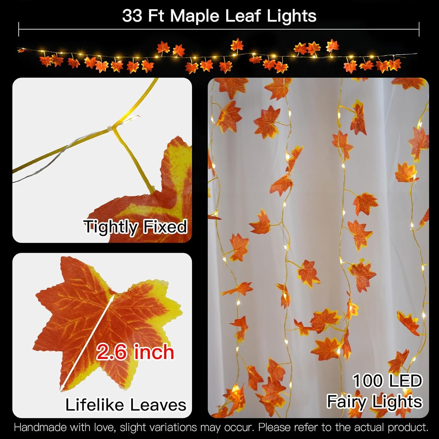 33 Ft Maple Leaf Lights with close-up details on leaves and LED lights.