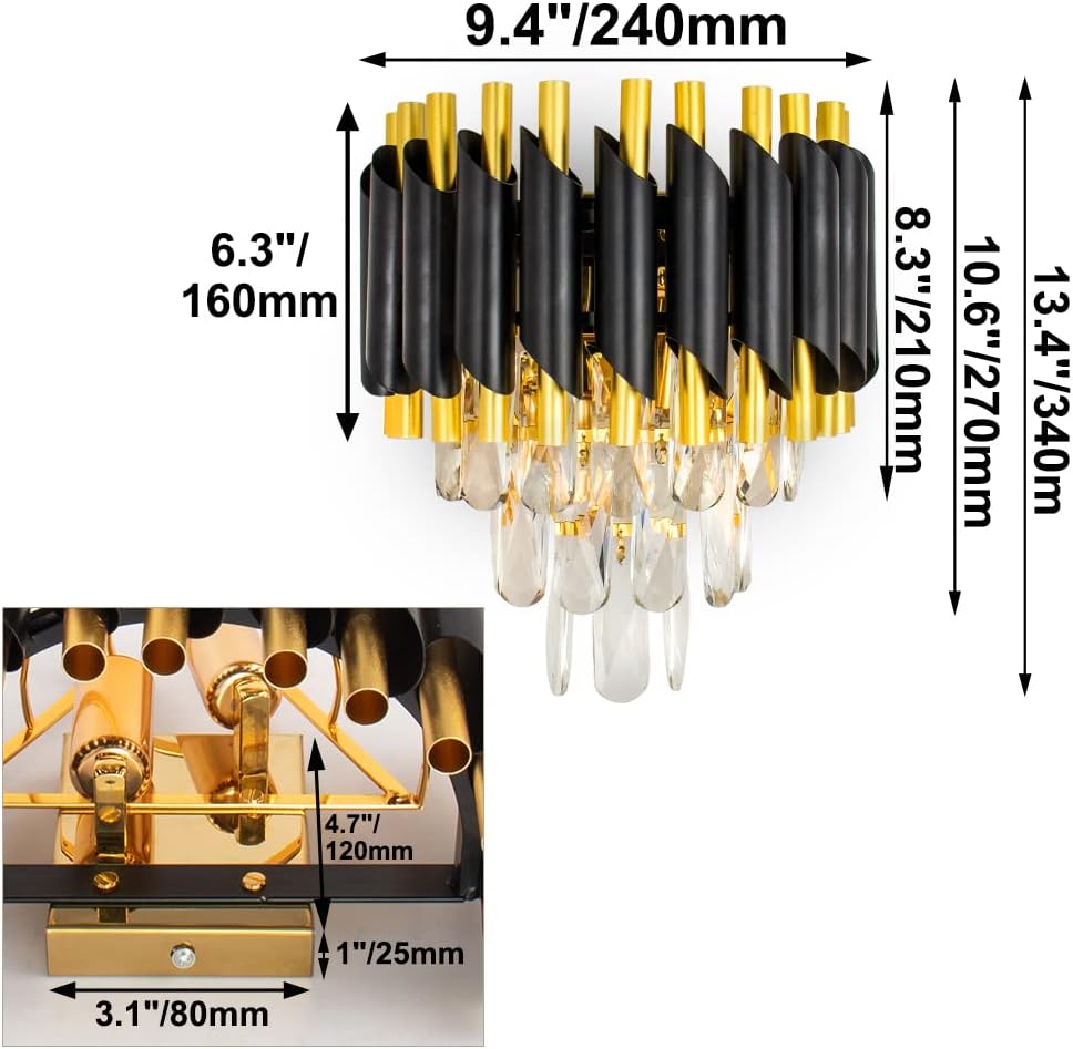 3 Tier Black Gold Crystal Wall Sconce