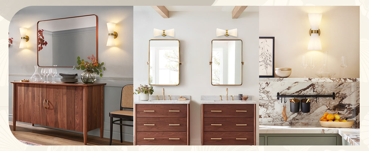 Bathroom interior with wooden vanity, mirror, and decorative elements.