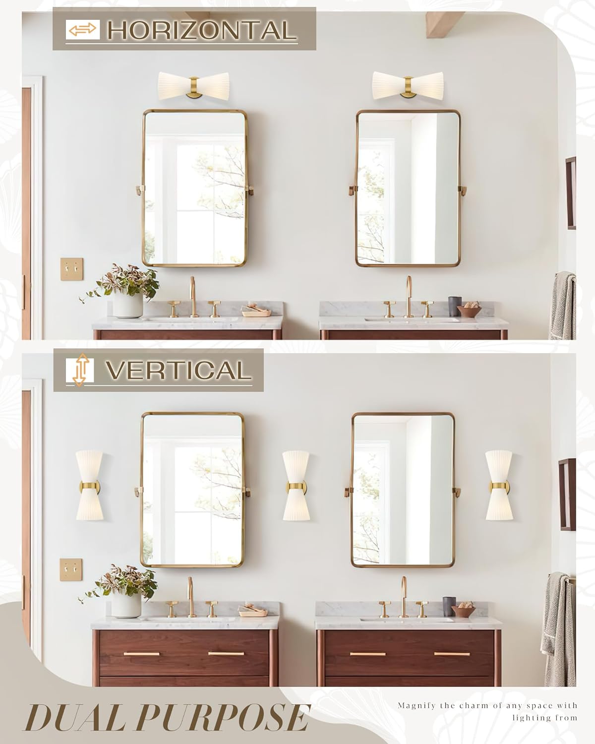 Bathroom setup with mirrors labeled 'Horizontal', 'Vertical', and 'Dual Purpose'.