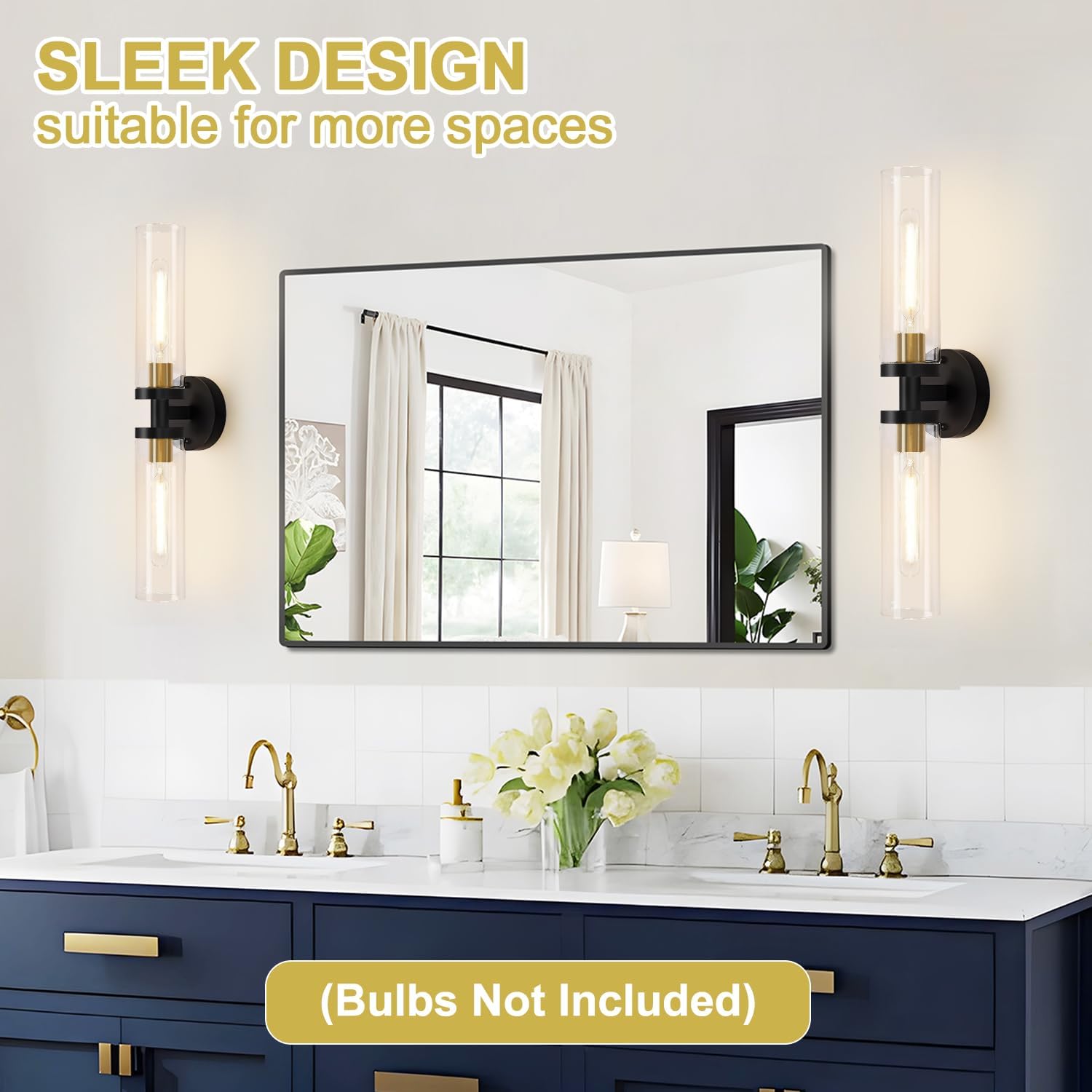 Bathroom vanity with mirror, lights, and decor elements on a light gray wall.