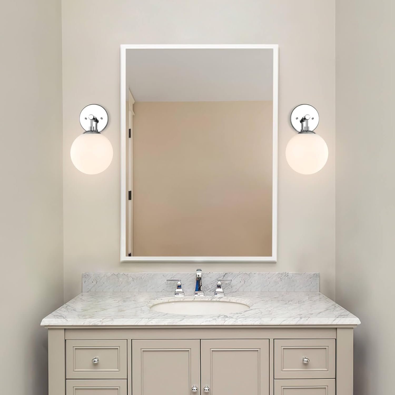 Bathroom vanity with mirror, lights, and sink against a beige wall.