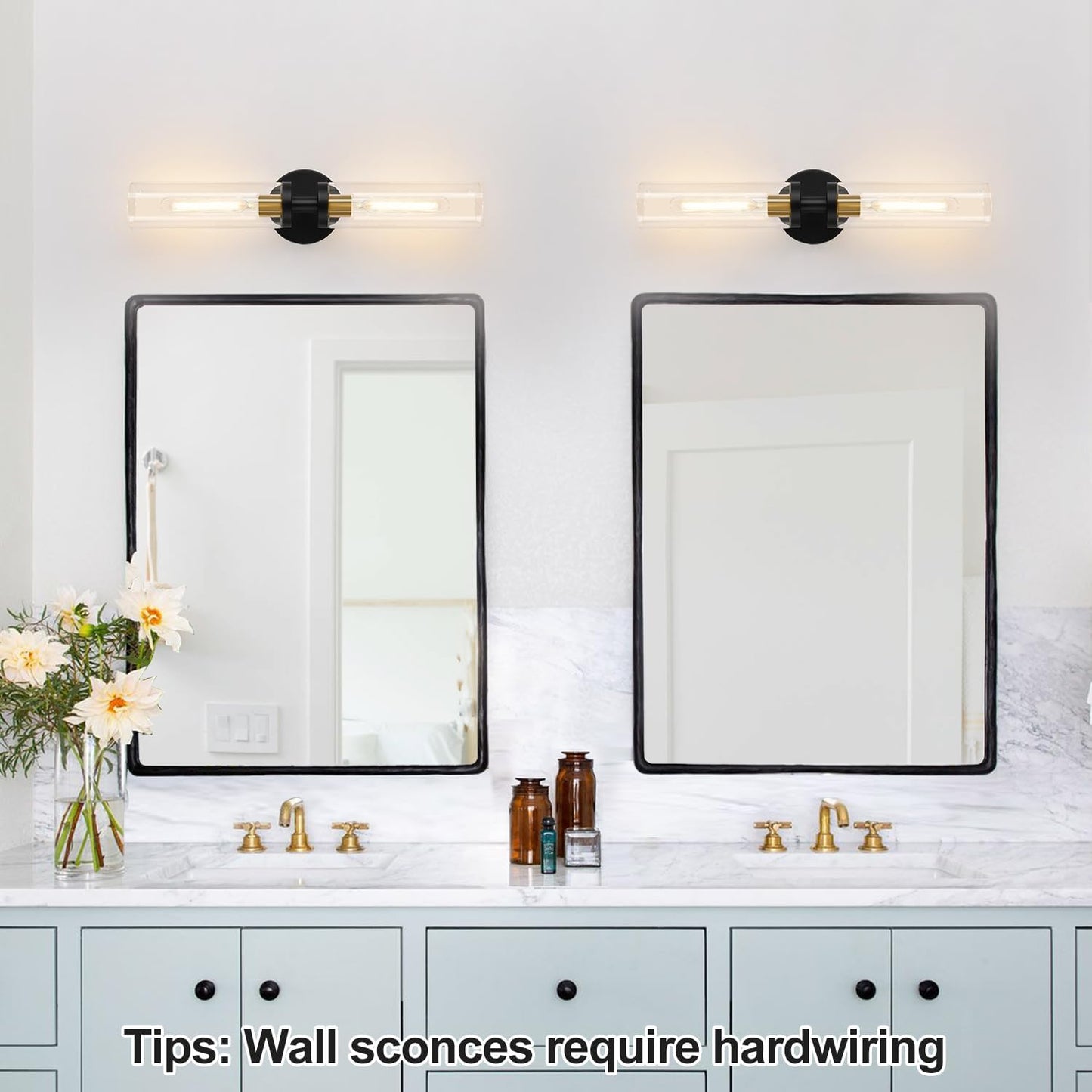 Bathroom vanity with two wall-mounted mirrors and lighting fixtures, featuring text about hardwiring.