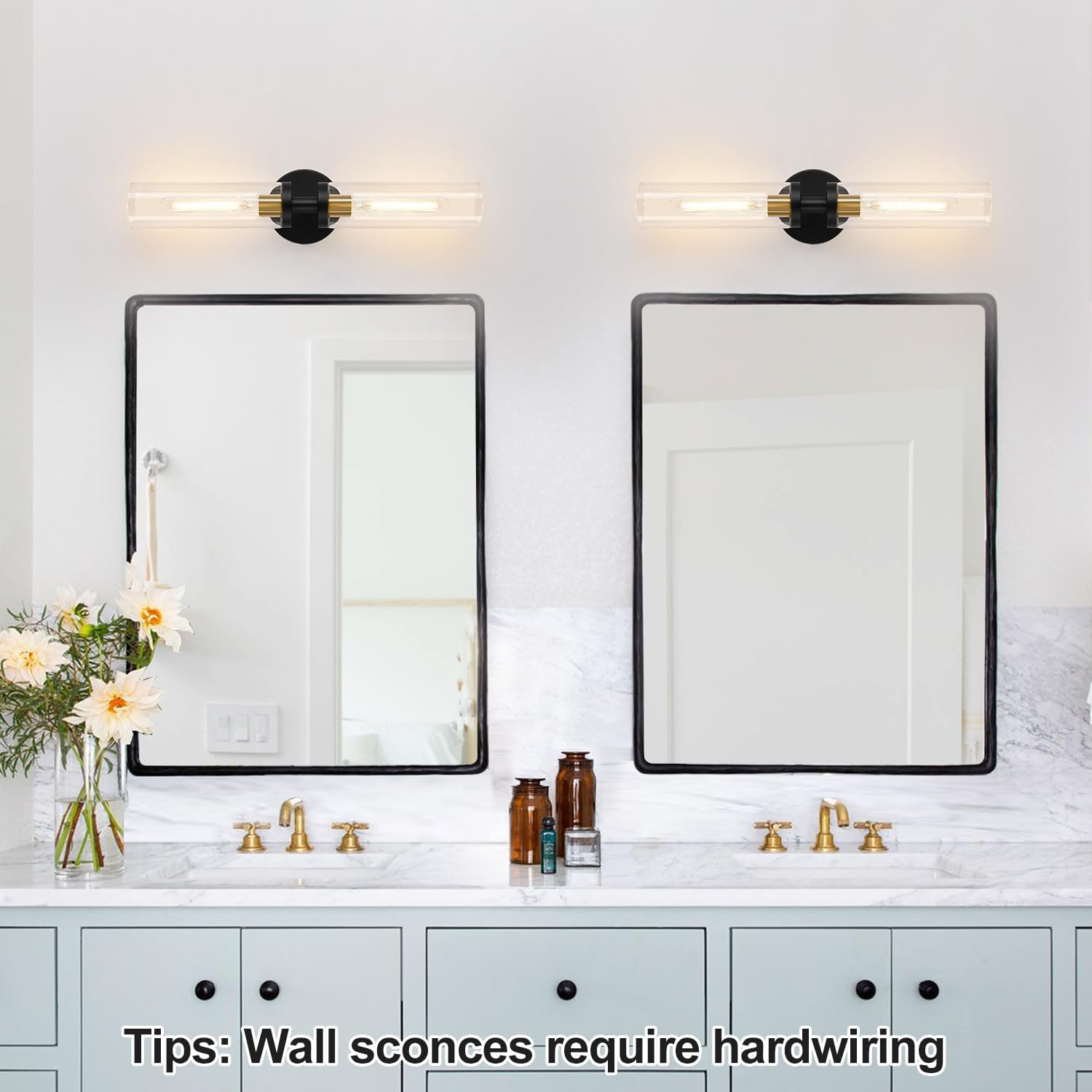 Bathroom vanity with two wall-mounted mirrors and lighting fixtures, featuring text about hardwiring.