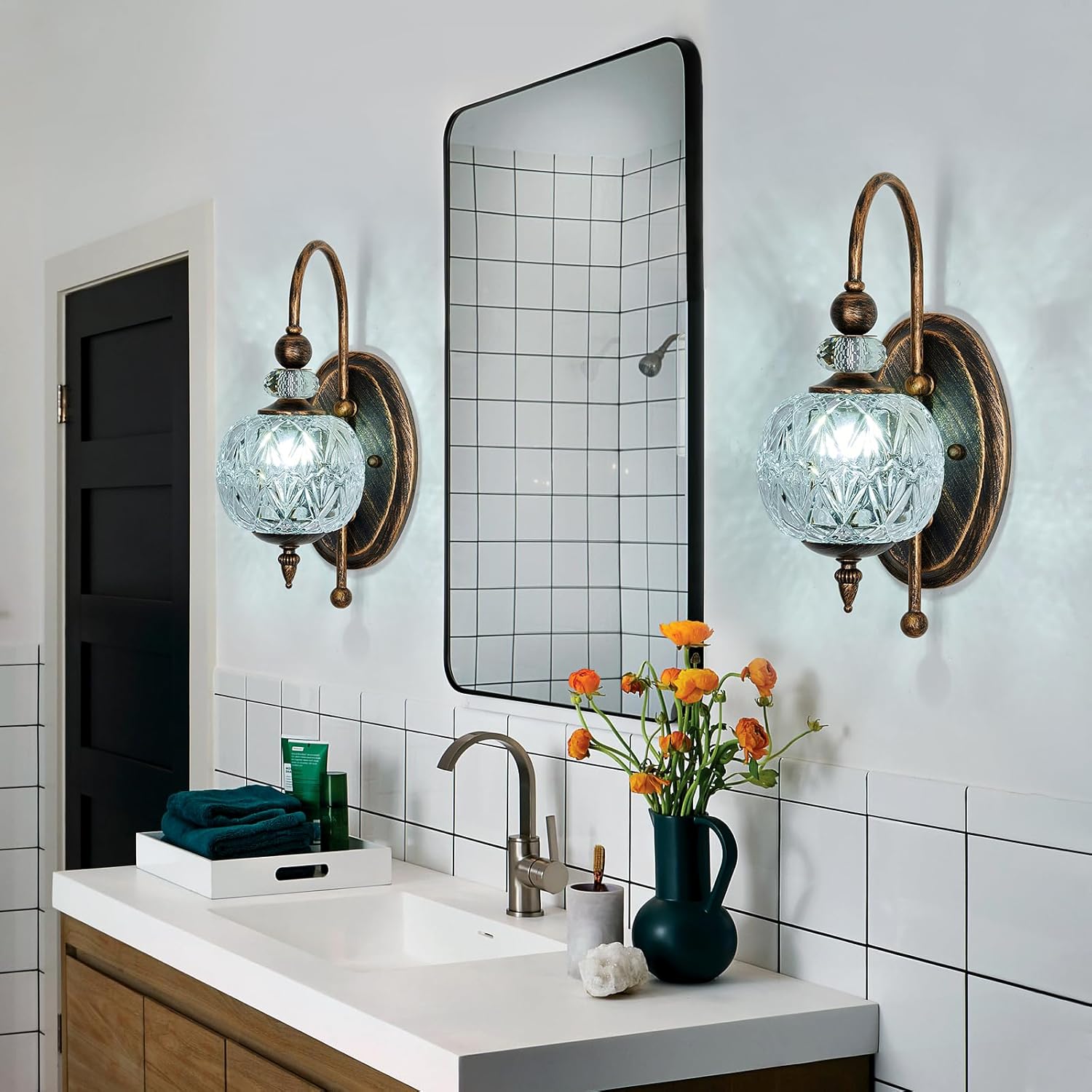 Bathroom with vanity, mirror, and decorative elements