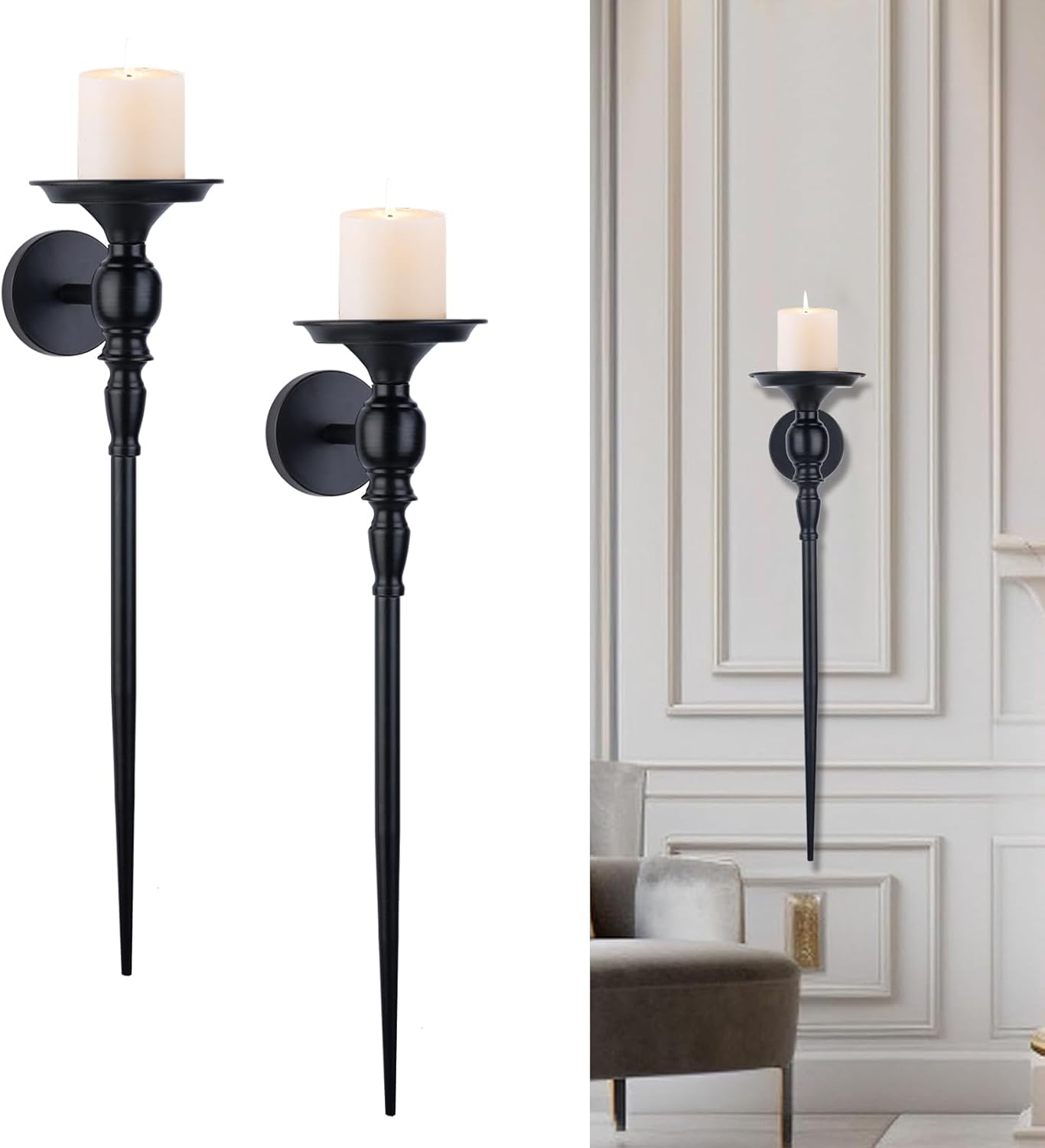 Black Pillar Candle Wall Sconce Set