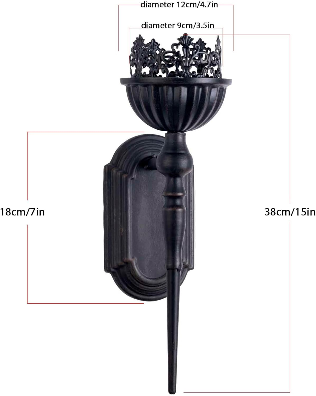 Black decorative wall sconce with measurements on a white background