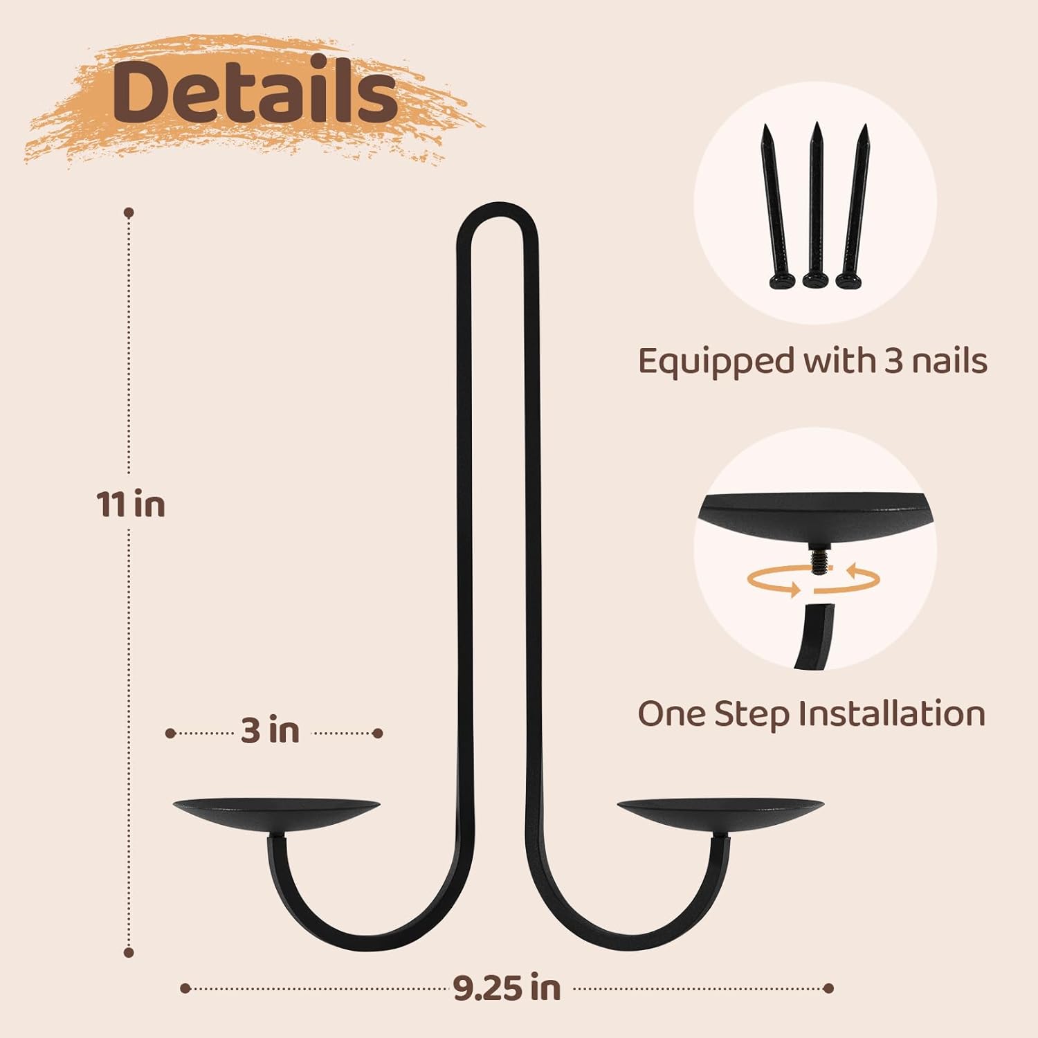 Black metal candle holder with dimensions and installation details on a beige background