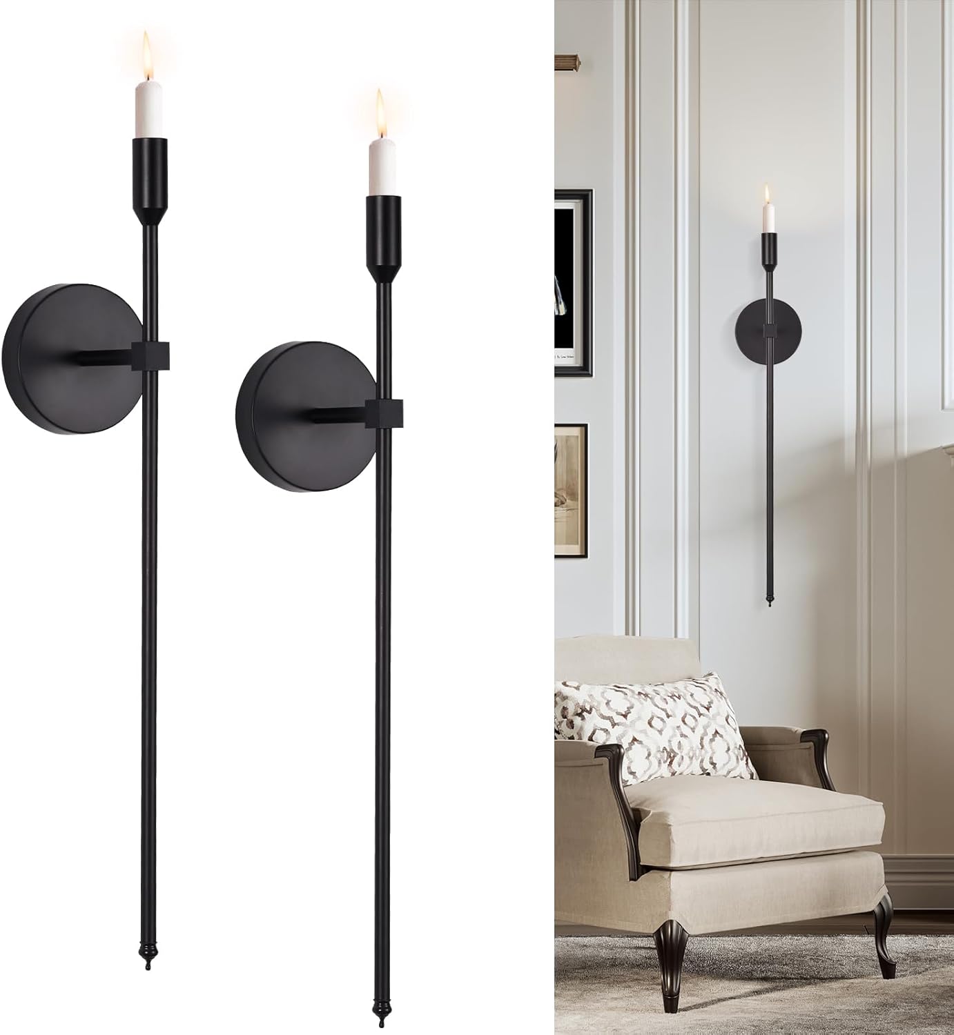 Black wall sconces on a white background with a living room setting.