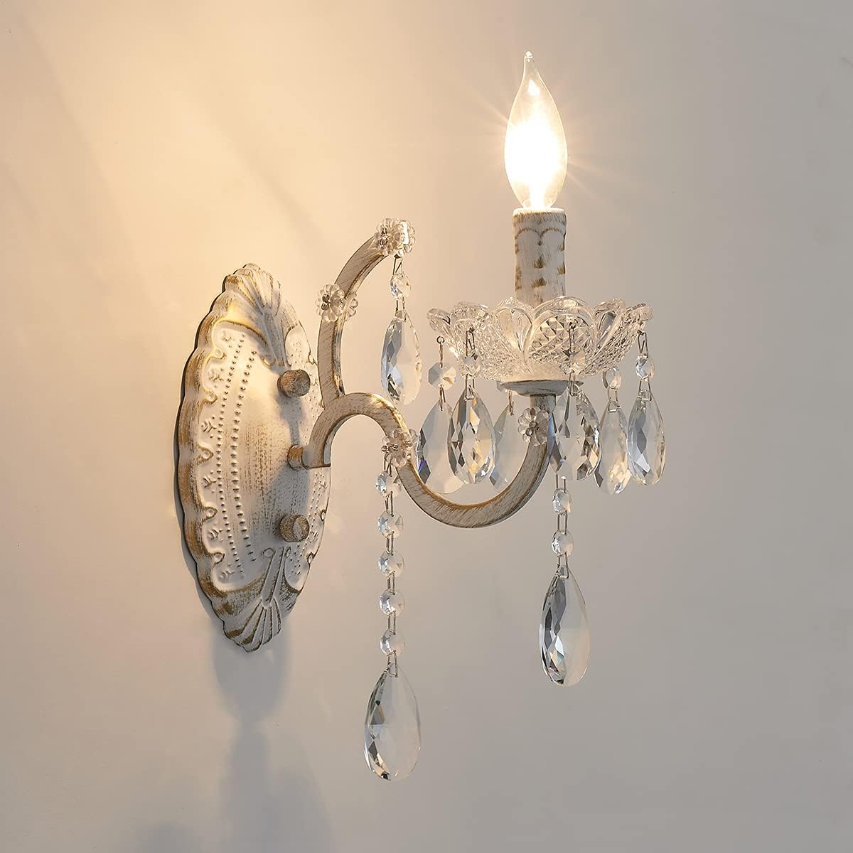 Bohemian White Finish Crystal Drop Wall Sconce