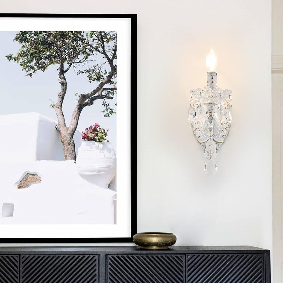 Bohemian White Finish Crystal Drop Wall Sconce