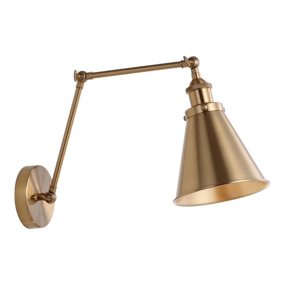 Brass wall lamp with adjustable arm on a white background