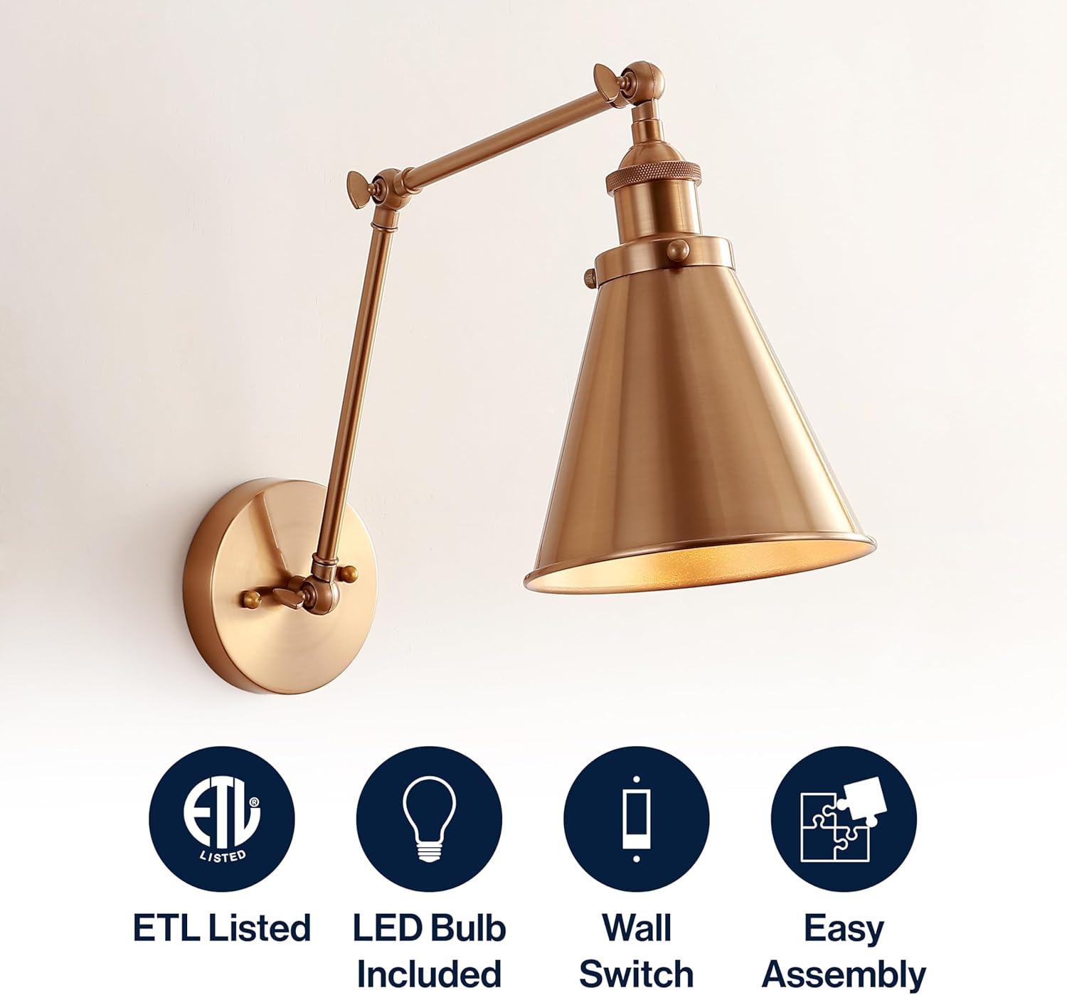 Bronze wall lamp with features listed below on a white background