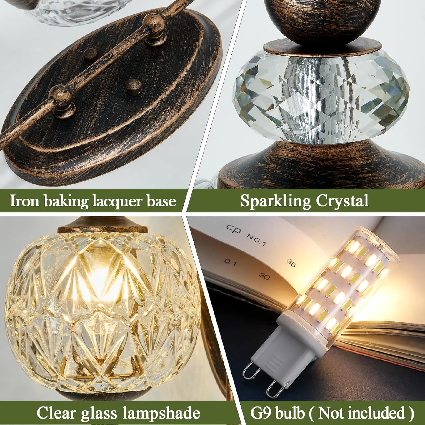 Collage of a decorative lamp with iron baking lacquer base, sparkling crystal, clear glass lampshade, and G9 bulb.