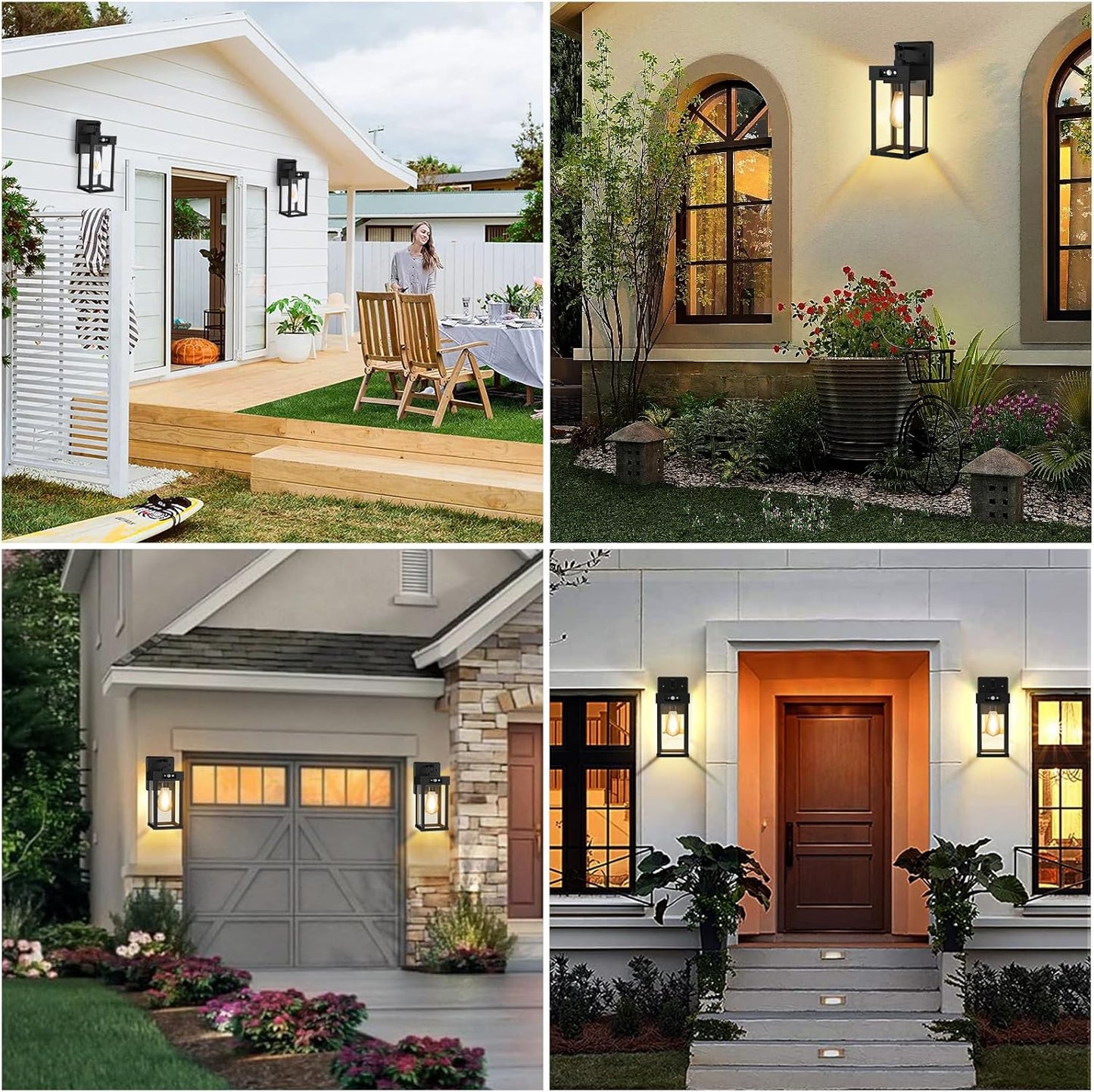 Collage of outdoor home lighting fixtures on various architectural elements.
