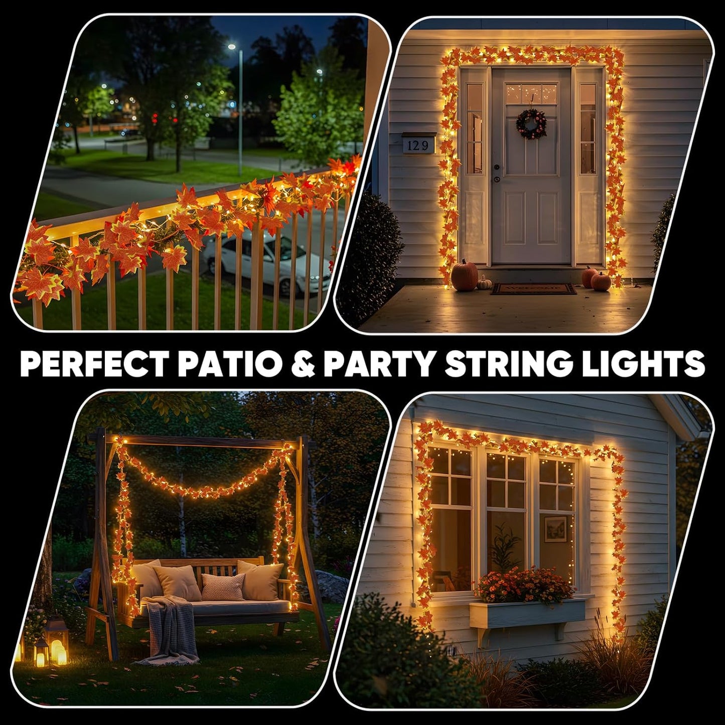 Collage of patio, party, and outdoor string lights with text 'Perfect Patio & Party String Lights'.