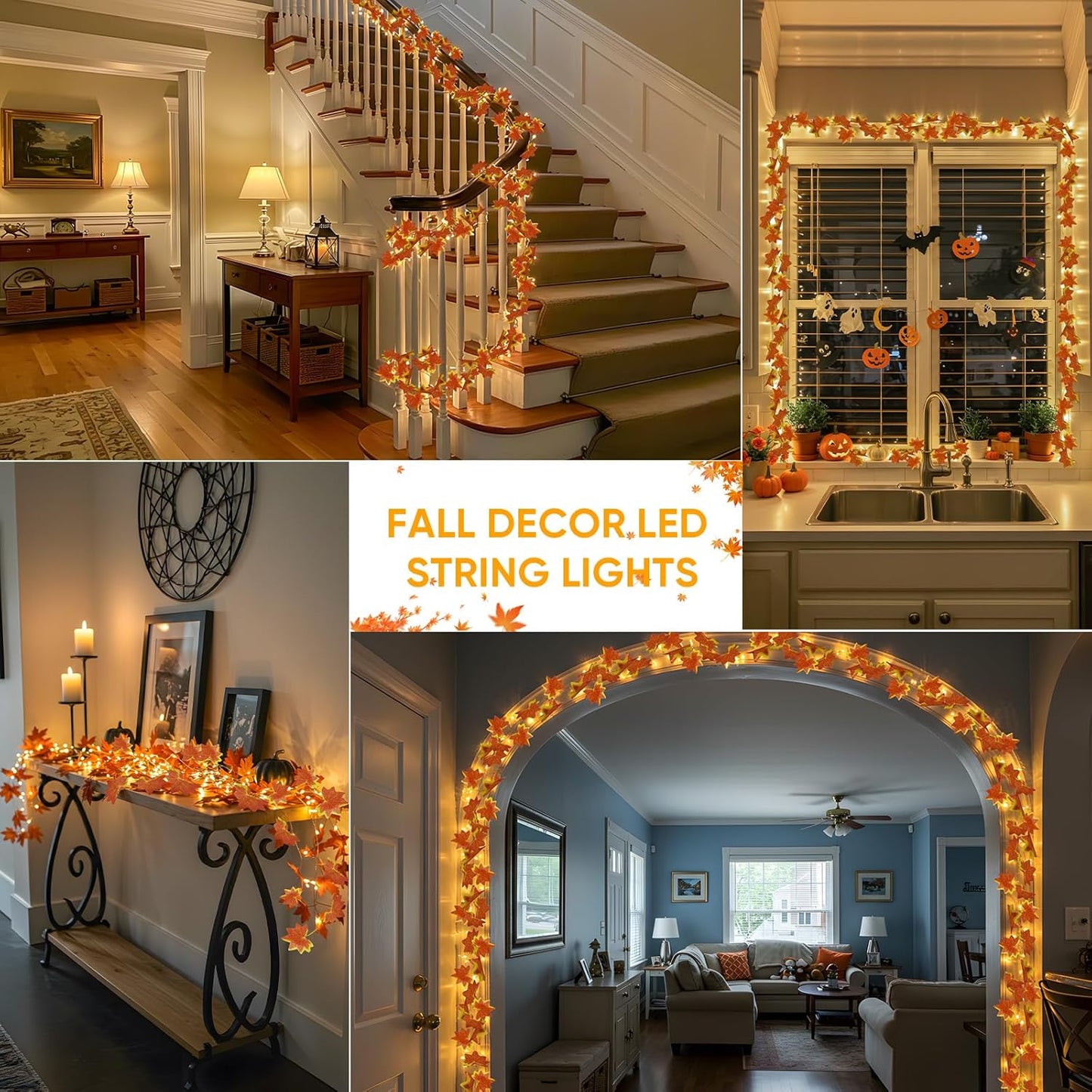 Collage of rooms decorated with fall-themed LED string lights.
