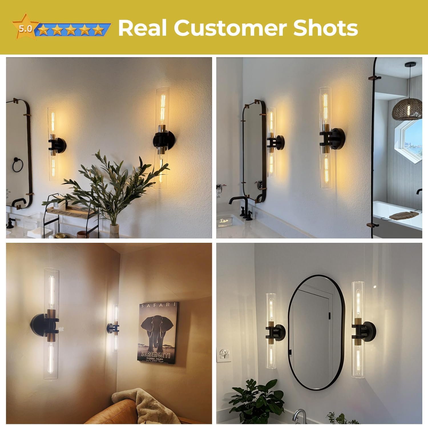 Collage of wall sconces in various bathroom settings with a 5-star rating label.