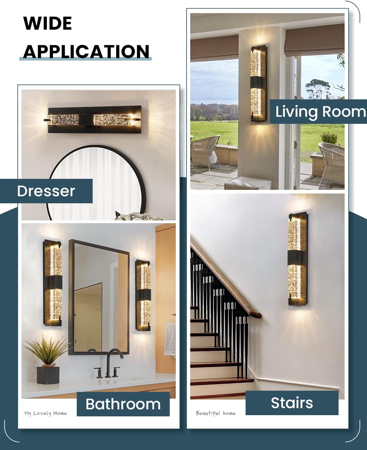 Collage of wall sconces in various rooms including living room, dresser, bathroom, and stairs.