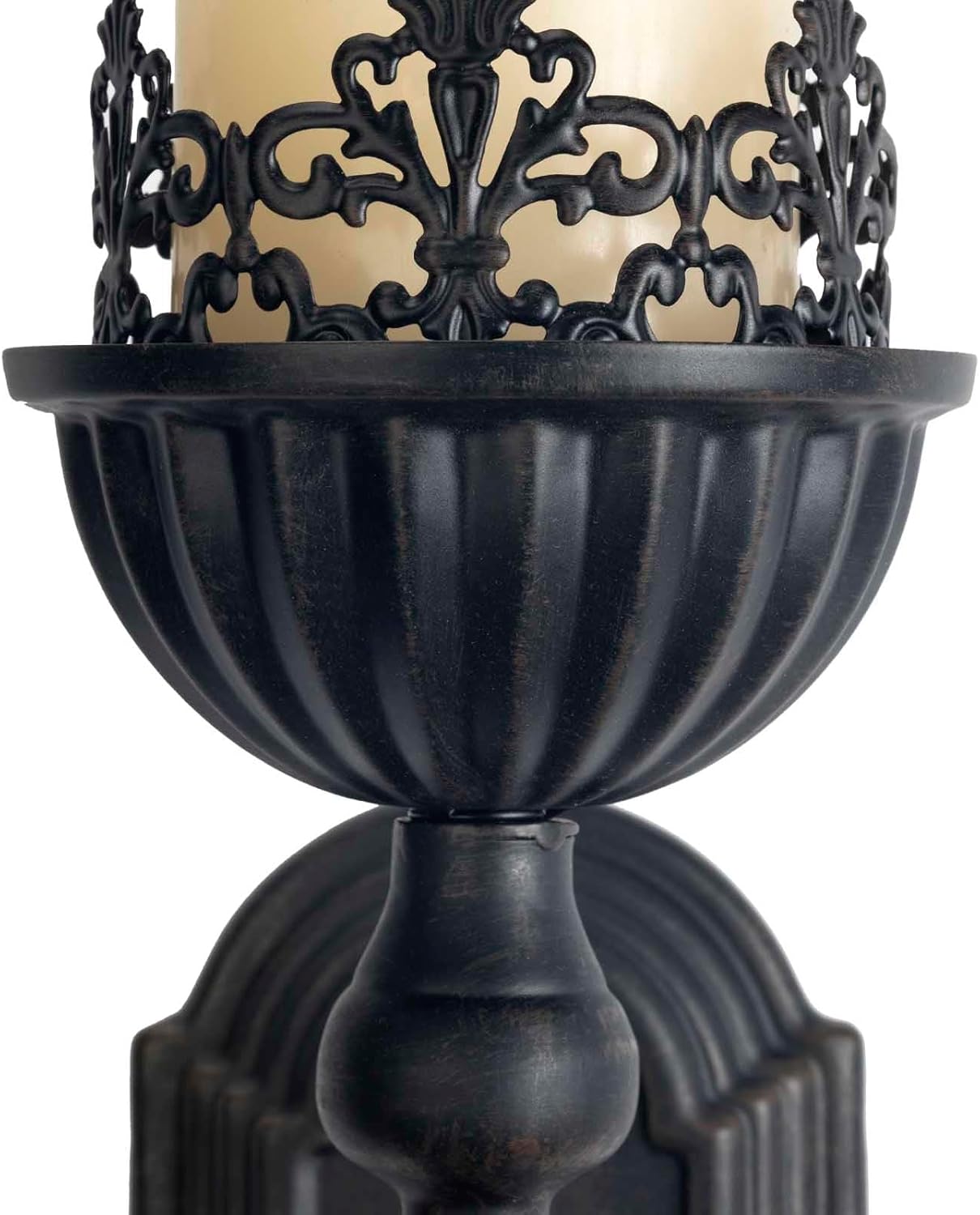 Decorative black wall sconce with intricate detailing on a white background