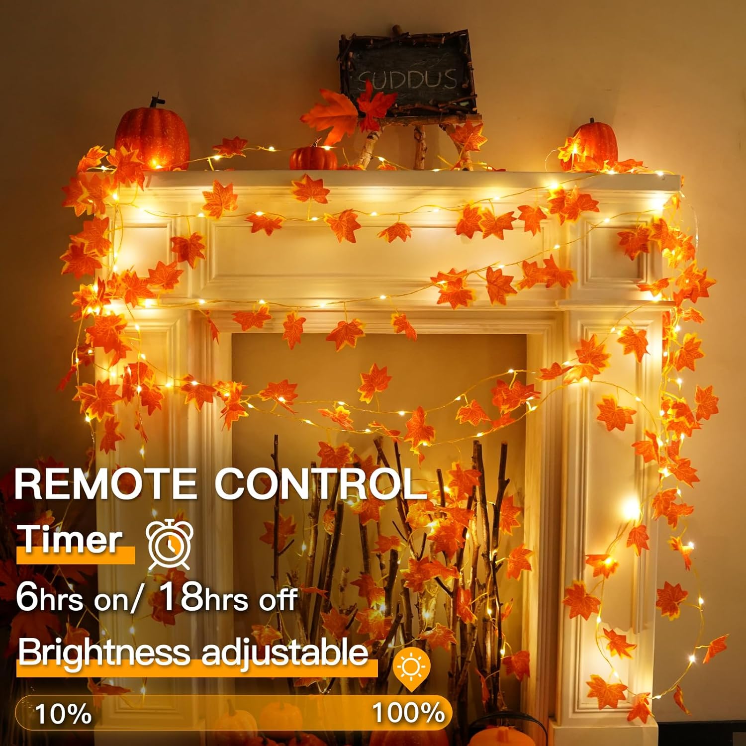 Decorative string lights with pumpkins and leaves on a fireplace mantel.