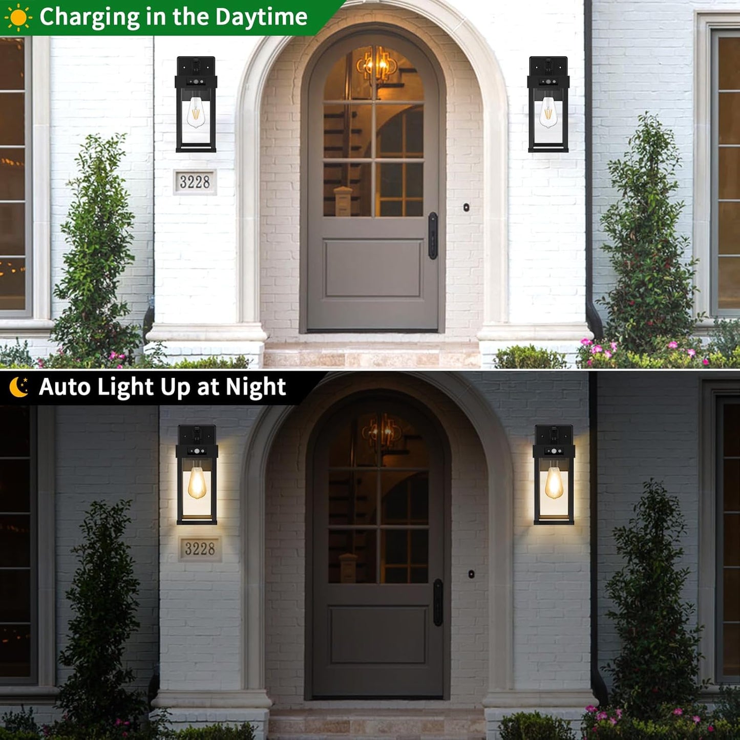 Front door of a house with outdoor wall lights, one showing during the day and one at night.