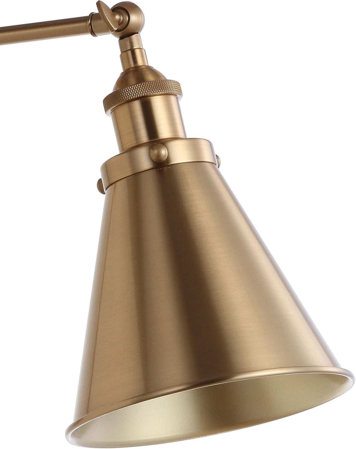 Gold lampshade with adjustable arm on a white background