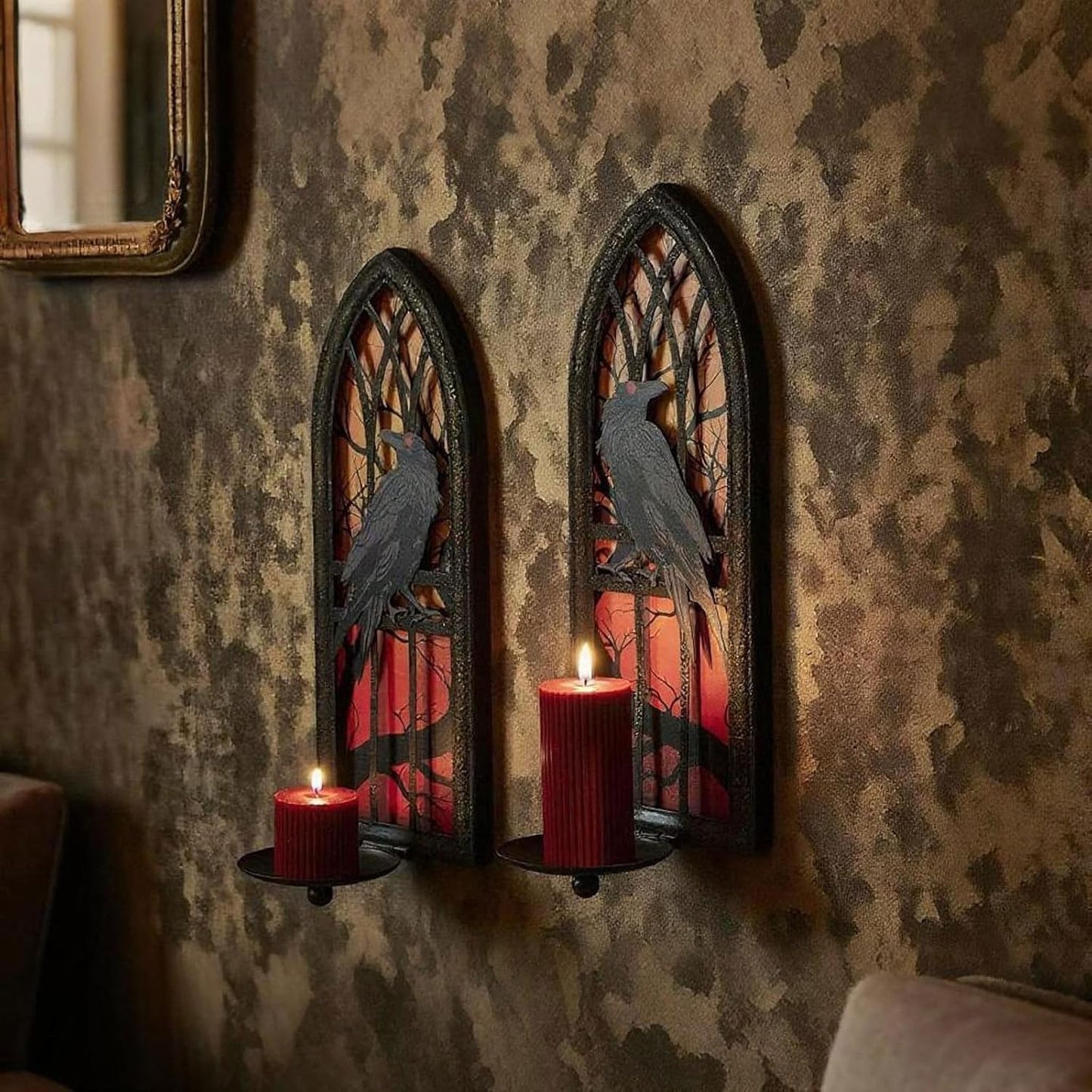Gothic Crow Wall Candle Sconces Set