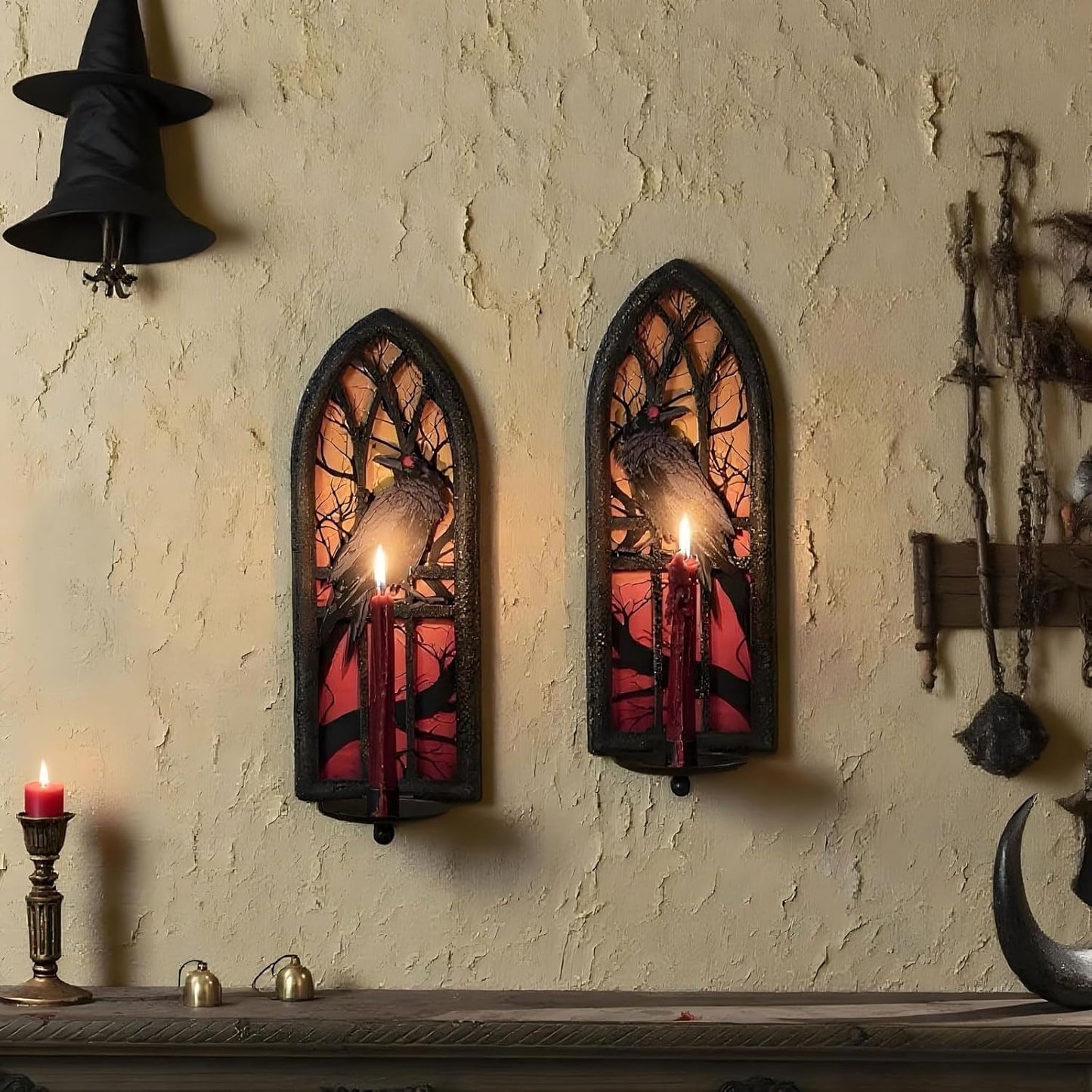 Gothic Crow Wall Candle Sconces Set