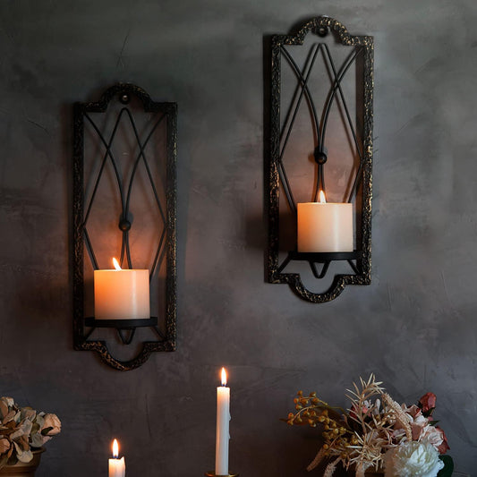 Gothic Rustic Black Gold Candle Sconce Set