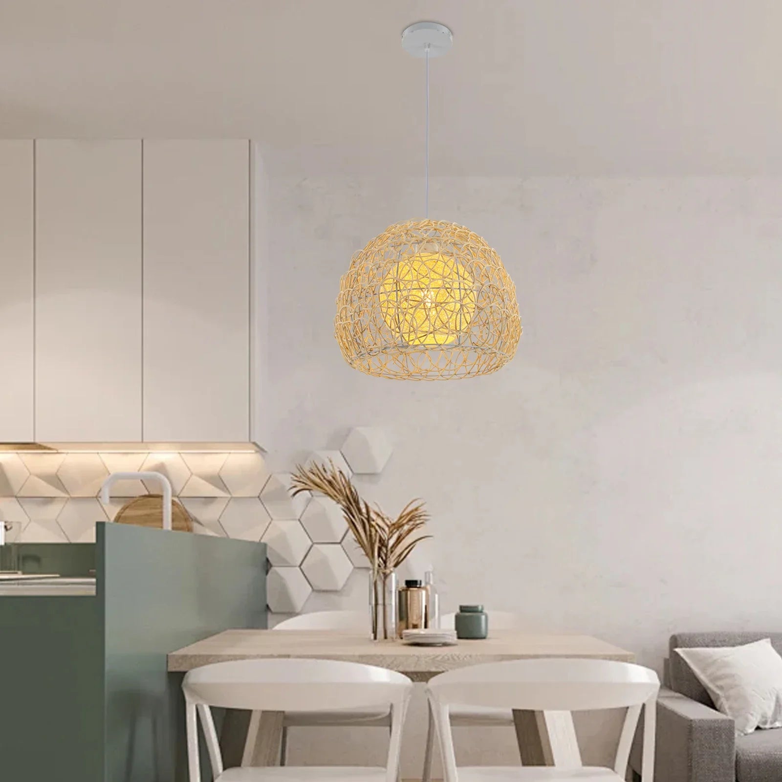 Modern kitchen with a decorative pendant light fixture.