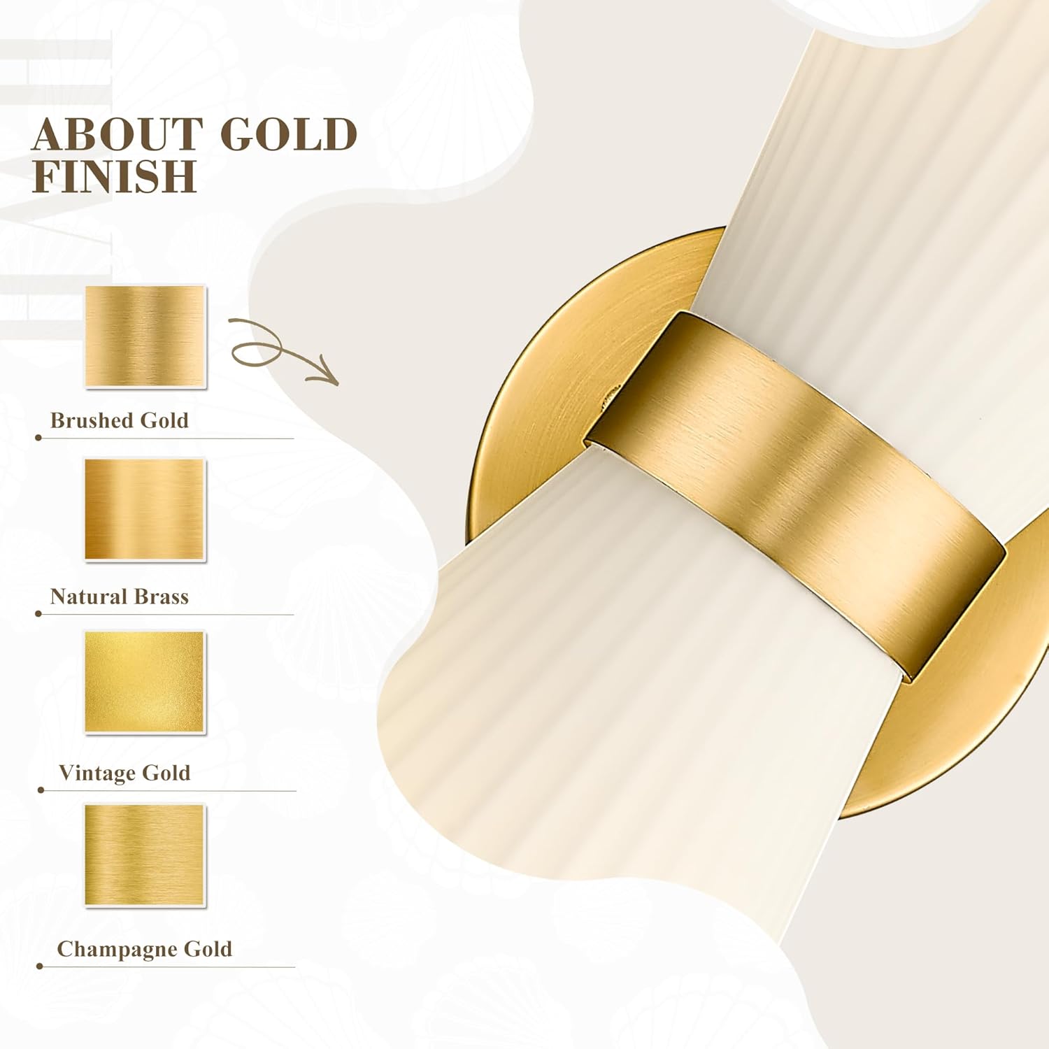 Light fixture with gold finish on a white background, showing different gold finishes.