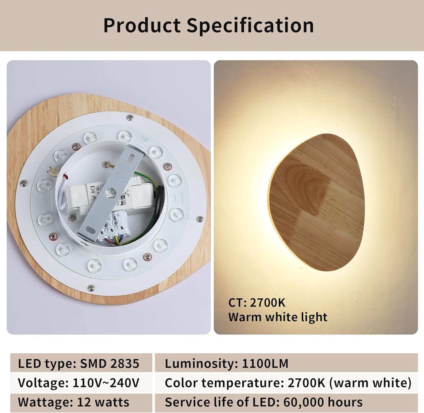 Light fixture with wooden finish and technical specifications displayed.