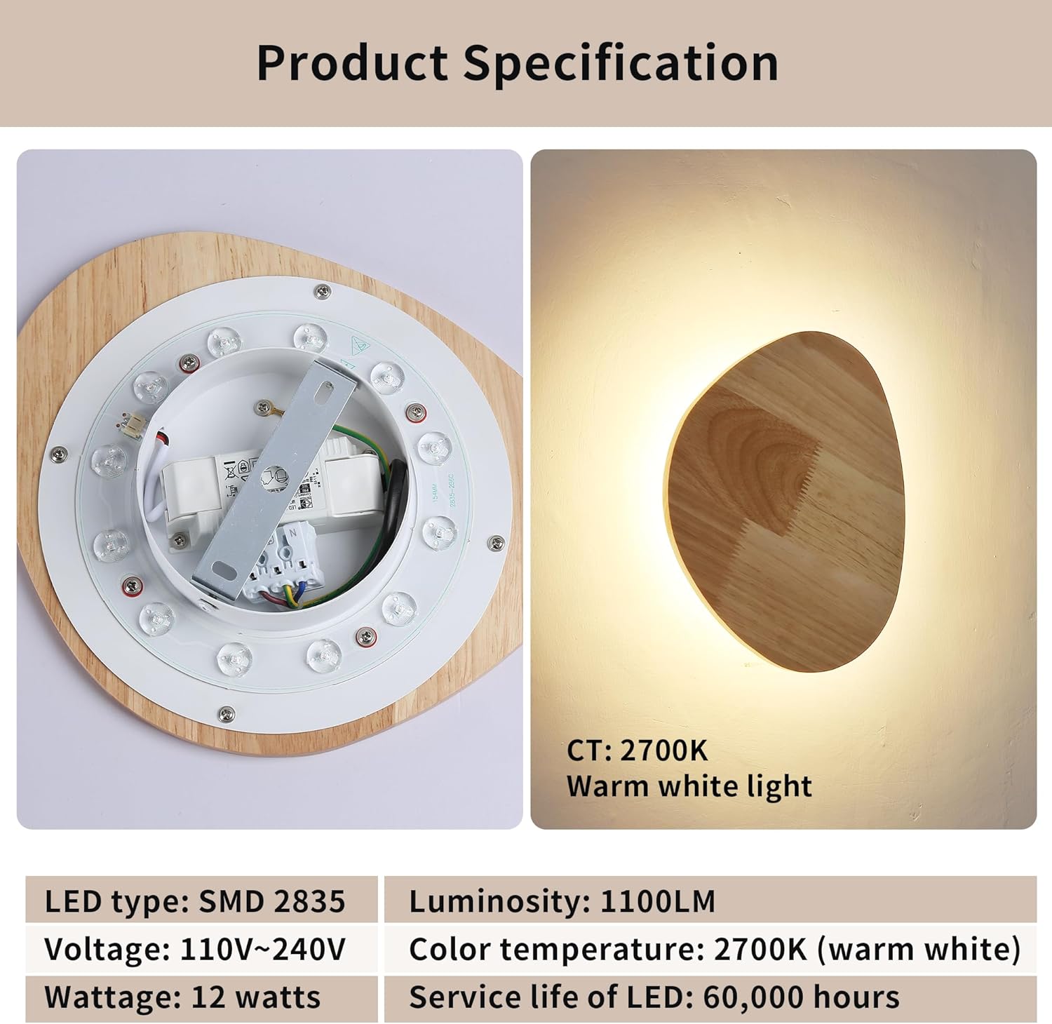 Light fixture with wooden finish and technical specifications displayed.