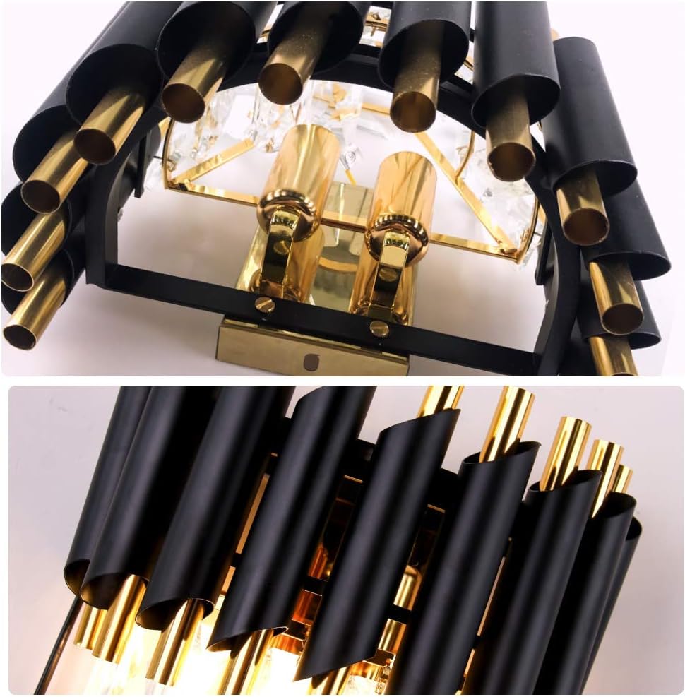 Modern chandelier with black and gold design on a white background