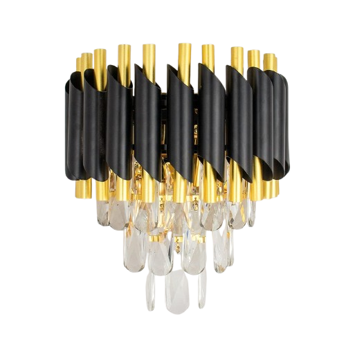Modern chandelier with black and gold design on a white background